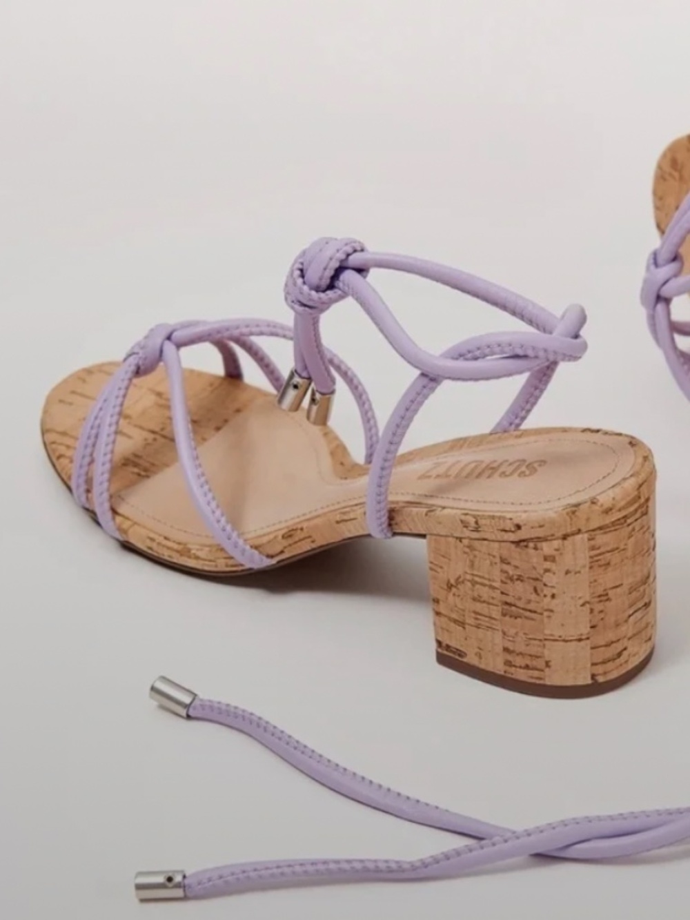 Schutz SZ: 8 Lilac Strappy Sandals Cork Block Heel Ankle Tie